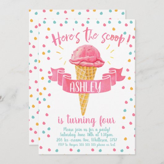 Verjaardagsuitnodiging Hier is de Scoop Ice-Cream Kaart (Voorkant / Achterkant)
