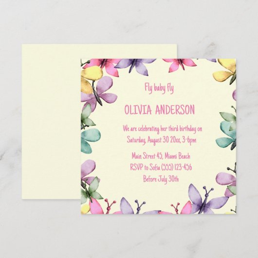 Verjaardagsuitnodiging in een vrolijk, vierkant on kaart (Voorkant / Achterkant)