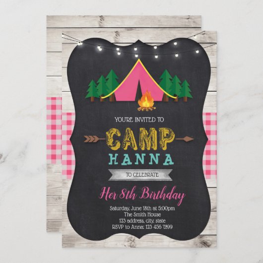 verjaardagsuitnodiging in het meisjeskamp kaart (Voorkant / Achterkant)