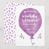 Verjaardagsuitnodiging in Paarse ballon Kaart (Voorkant / Achterkant)
