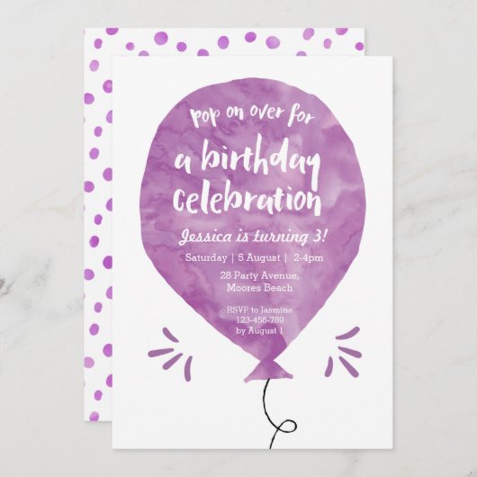 Verjaardagsuitnodiging in Paarse ballon Kaart (Voorkant / Achterkant)