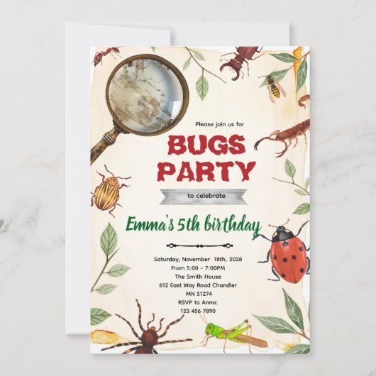 Verjaardagsuitnodiging insecten bugs feestje kaart (Voorkant)
