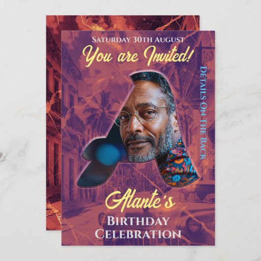 Verjaardagsuitnodiging  Intital Design Kaart (Voorkant / Achterkant)