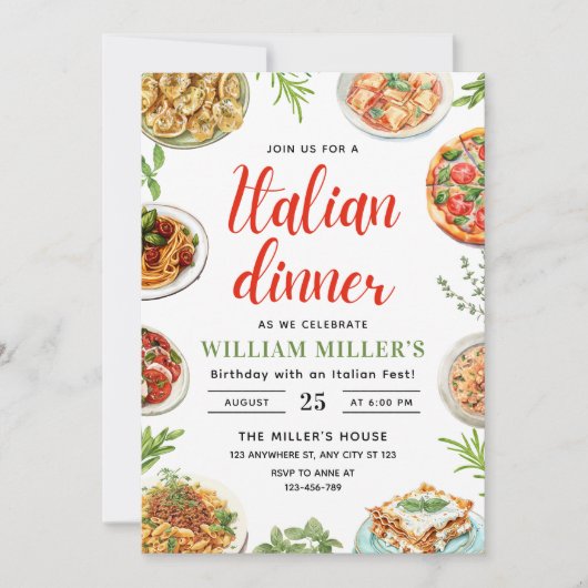 Verjaardagsuitnodiging Italiaans diner, pasta en p Kaart (Voorkant)
