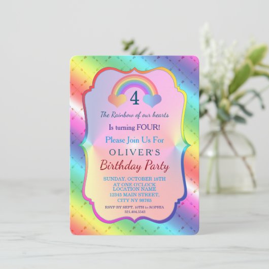 Verjaardagsuitnodiging Jongen met vrolijke regenbo Kaart (Staand voorkant)