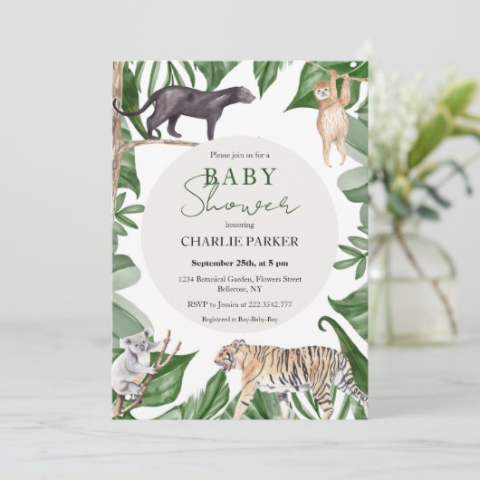 Verjaardagsuitnodiging Jungle Dieren Baby Shower Kaart (Staand voorkant)