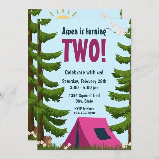 Verjaardagsuitnodiging kamperen kaart (Voorkant / Achterkant)