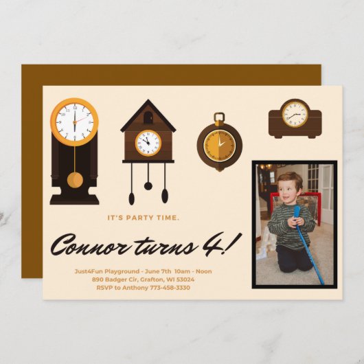 Verjaardagsuitnodiging - Kinder klokken; Hickory D Feestdagenkaart (Voorkant / Achterkant)