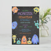 Verjaardagsuitnodiging kleine monster kaart (Staand voorkant)