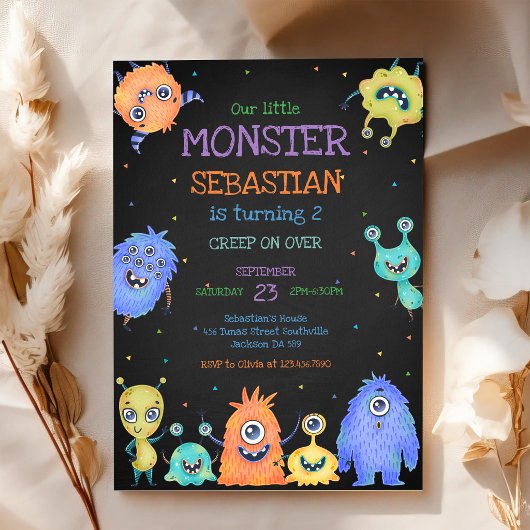 Verjaardagsuitnodiging kleine monster kaart