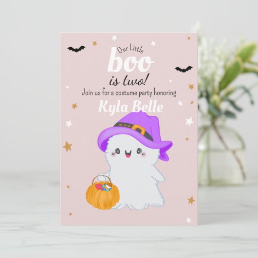 Verjaardagsuitnodiging Little Boo Halloween Kaart (Staand voorkant)