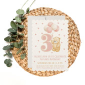 Verjaardagsuitnodiging Meisje 3 jaar Roze Beer Bal Kaart