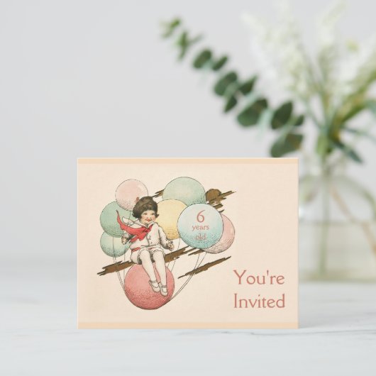  verjaardagsuitnodiging meisje op ballonnen kaart (Staand voorkant)
