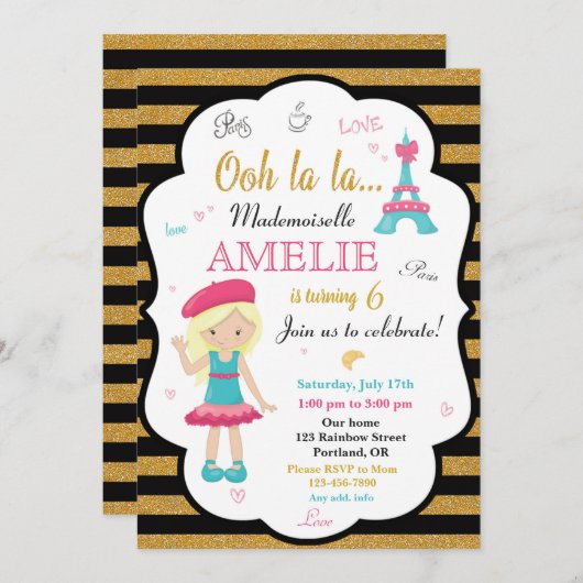Verjaardagsuitnodiging meisje Parijs Eiffeltoren u Kaart (Voorkant / Achterkant)