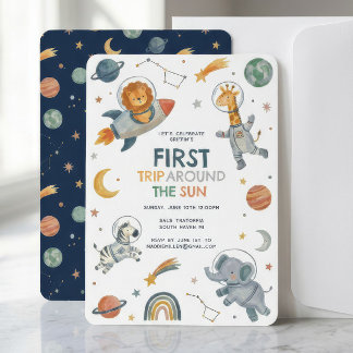 Verjaardagsuitnodiging met astronaut dieren en rui kaart