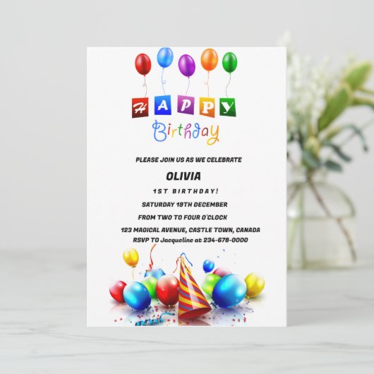 Verjaardagsuitnodiging met ballonnen kaart (Staand voorkant)