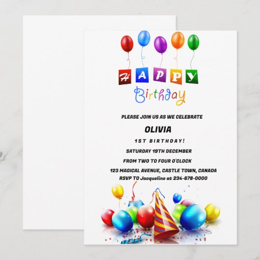 Verjaardagsuitnodiging met ballonnen kaart (Voorkant / Achterkant)