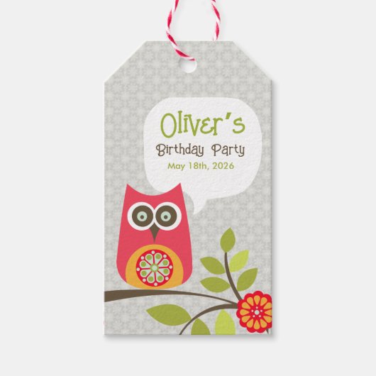 Verjaardagsuitnodiging met bos-uil cadeaulabel (Voorkant)
