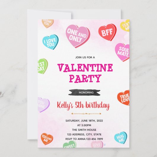 Verjaardagsuitnodiging met Conversation Hearts Kaart (Voorkant)