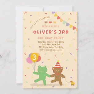 Verjaardagsuitnodiging met Cute Frog & Bear Kaart