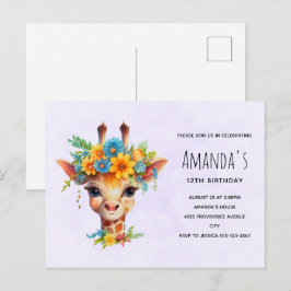 Verjaardagsuitnodiging met Cute Giraffe met bloeme Briefkaart