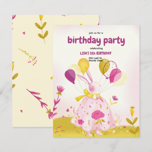 Verjaardagsuitnodiging met een konijn kaart (Voorkant / Achterkant)