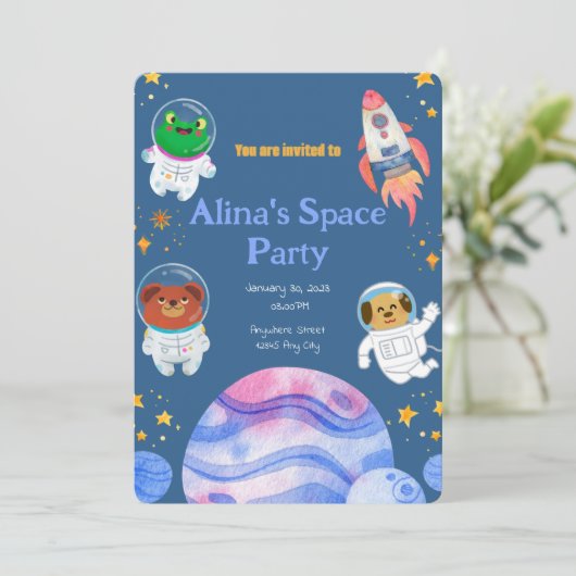 verjaardagsuitnodiging met een ruimtethema kaart (Staand voorkant)