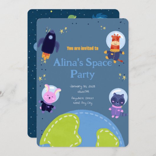 verjaardagsuitnodiging met een ruimtethema kaart (Voorkant / Achterkant)