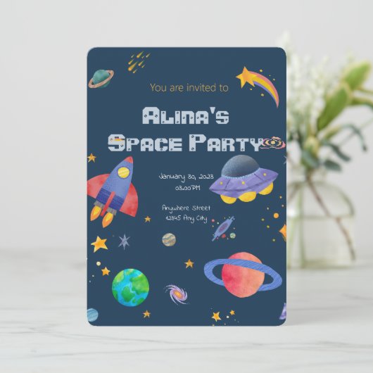 verjaardagsuitnodiging met een ruimtethema kaart (Staand voorkant)