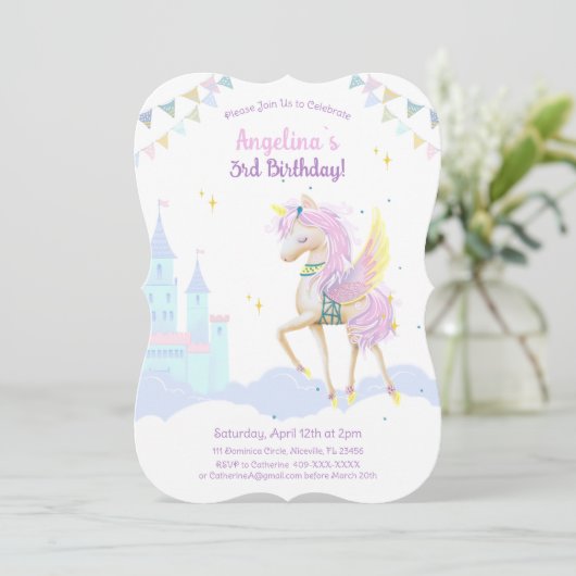 Verjaardagsuitnodiging met een schattige eenhoorn. kaart (Staand voorkant)