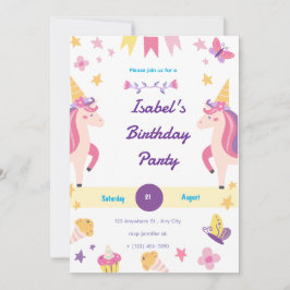 Verjaardagsuitnodiging met eenhoorn in fantasievol kaart