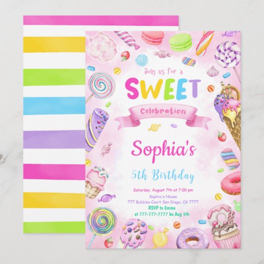 Verjaardagsuitnodiging met eetbare snoepjes kaart (Voorkant / Achterkant)