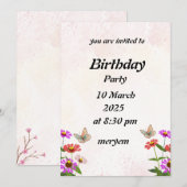 verjaardagsuitnodiging met Floral met vlinders Kaart (Voorkant / Achterkant)