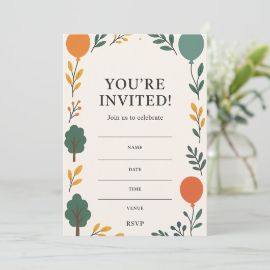 Verjaardagsuitnodiging met foto terug | Ballonnen Kaart (Staand voorkant)