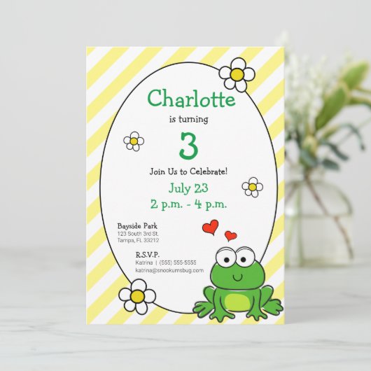 Verjaardagsuitnodiging met gele streep en malle ki kaart (Staand voorkant)