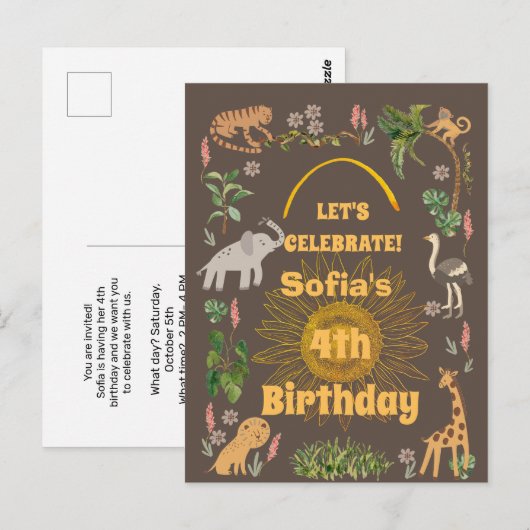 Verjaardagsuitnodiging met leuk jungle dier briefkaart (Voorkant / Achterkant)