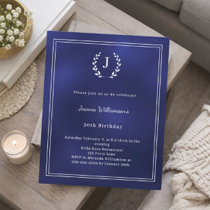 Verjaardagsuitnodiging met marineblauwe monogramkr