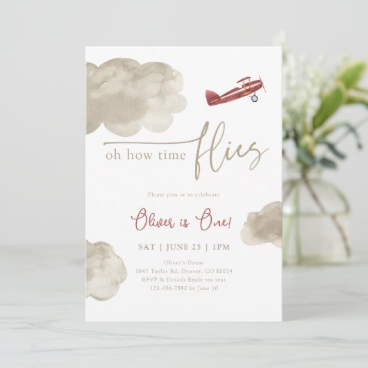 Verjaardagsuitnodiging met oud vliegtuig kaart (Staand voorkant)