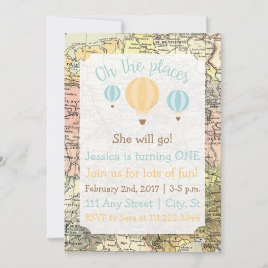 Verjaardagsuitnodiging met reisthema kaart (Voorkant)