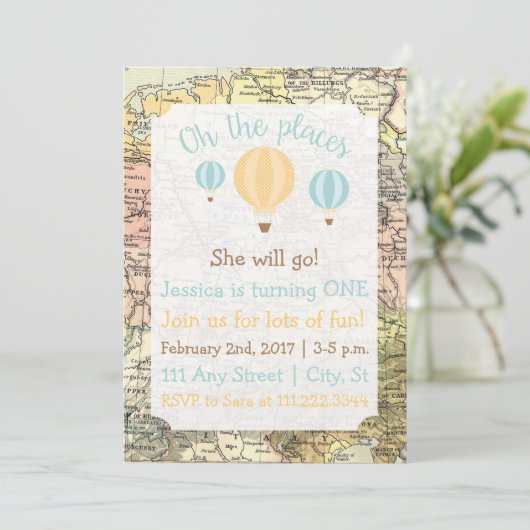 Verjaardagsuitnodiging met reisthema kaart (Staand voorkant)