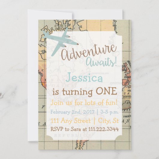Verjaardagsuitnodiging met reisthema kaart (Voorkant)