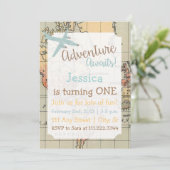 Verjaardagsuitnodiging met reisthema kaart (Staand voorkant)