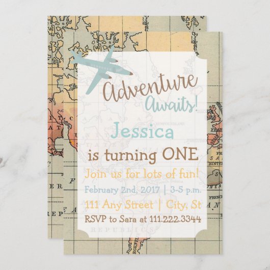 Verjaardagsuitnodiging met reisthema kaart (Voorkant / Achterkant)