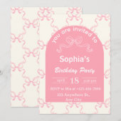 Verjaardagsuitnodiging met Roze Strik en Coquette  Kaart (Voorkant / Achterkant)