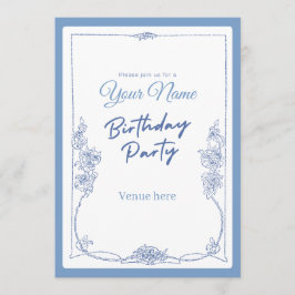 Verjaardagsuitnodiging met vintage blauwe bloemen kaart