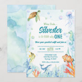 Verjaardagsuitnodiging met waterverf onder de zee kaart (Voorkant / Achterkant)