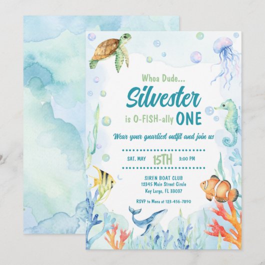 Verjaardagsuitnodiging met waterverf onder de zee kaart (Voorkant / Achterkant)
