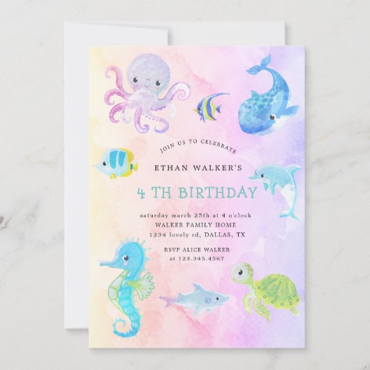 Verjaardagsuitnodiging met waterverf 'Schattig ond Kaart (Voorkant)