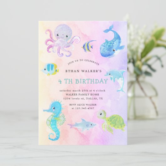 Verjaardagsuitnodiging met waterverf 'Schattig ond Kaart (Staand voorkant)