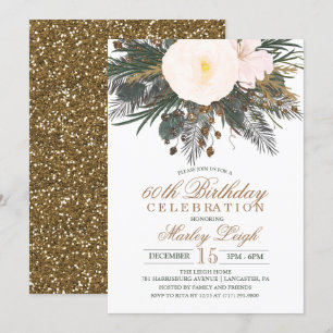 Verjaardagsuitnodiging met winterbloemen en glitte kaart